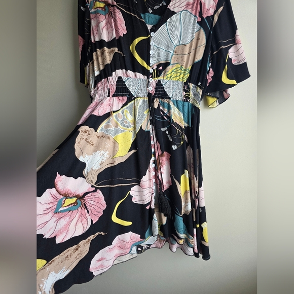 Womens Vintage Boho Button Up Split Floral Print Flowy Party Dress Floral Pink  - Picture 6 of 12